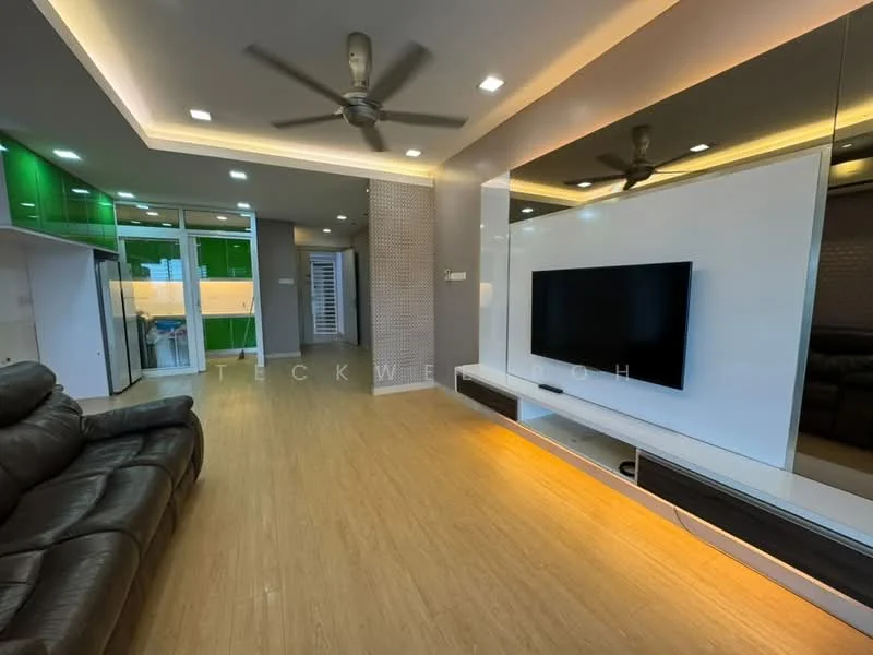 Living features: 3-seater leather sofa in dark brown, wall-mounted TV, TV console with storage, recessed LED downlights, ceiling fan with light, laminate flooring in light wood finish, feature wall with mirror, built-in cabinetry with green accents, large windows with sheer curtains, open layout to adjacent area; style: modern.