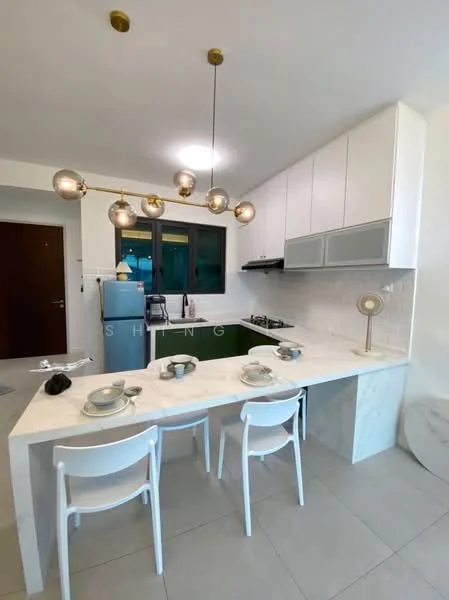 Kitchen features: white cabinetry, green lower cabinets, marble countertop, white subway tile backsplash, stainless-steel sink, chrome pull-down faucet, built-in gas stove, refrigerator, pendant lighting with multiple bulbs, dining table with marble top, white dining chairs, open shelving, wall-mounted cabinets, tile flooring; style: modern.