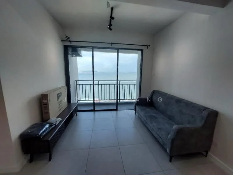 Living features: grey fabric sofa, floor-to-ceiling sliding glass door, ocean view, white painted walls, tile flooring, black metal railing, track lighting, TV console, box packaging, curtain rod; style: modern; view: sea.