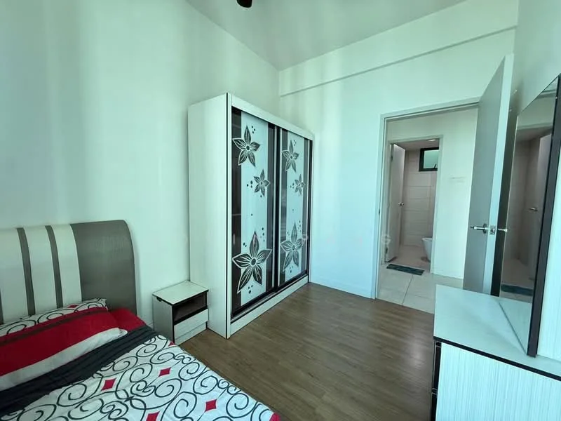 Bedroom features: queen-size bed with patterned bedding, built-in wardrobe with sliding doors and floral design, nightstand, wooden flooring, white painted walls, mirror on dresser, doorway leading to bathroom, natural light from window; style: modern.