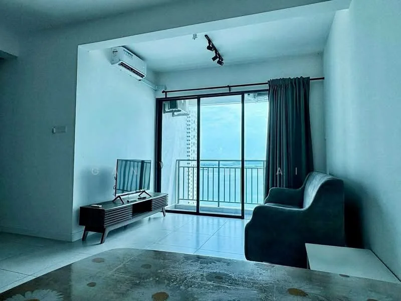 Living features: floor-to-ceiling windows, sliding glass door, curtains, 3-seater fabric sofa in teal, TV console, wall-mounted TV, recessed LED downlights, 1 wall-mounted split AC, white painted walls, tile flooring, coffee table; style: modern; view: city.
