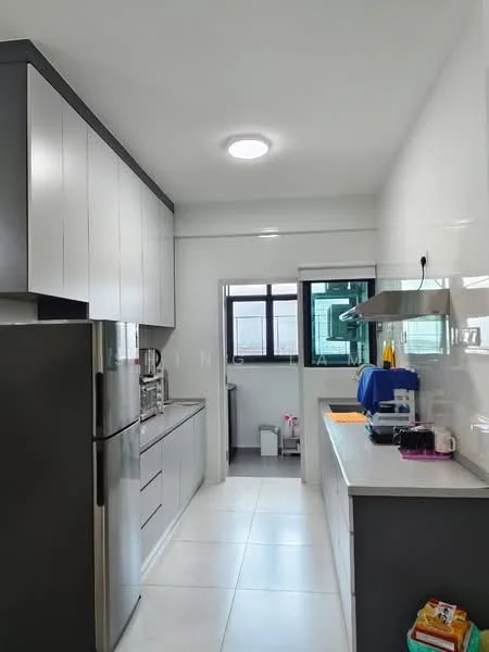 Kitchen features: grey cabinetry, white upper cabinets, stainless-steel fridge, built-in oven, stainless-steel sink, chrome pull-down faucet, grey countertop, white tile backsplash, recessed ceiling lights, window with view, open shelving, tile flooring; style: modern.