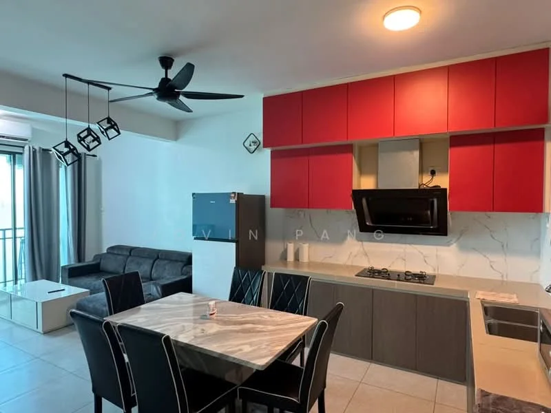 Kitchen features: red upper cabinets, grey lower cabinets, marble countertop, stainless-steel sink, built-in gas hob, black range hood, refrigerator, pendant lighting, wall-mounted ceiling fan; style: modern. Living features: 3-seater fabric sofa in grey, coffee table, TV console, floor-to-ceiling windows, curtains; style: modern.