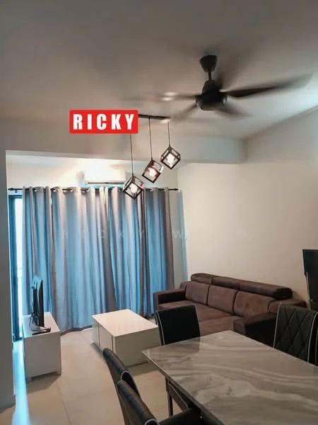 Living features: 3-seater fabric sofa in brown, coffee table, TV console, wall-mounted TV, dining table with black chairs, ceiling fan with light, grey curtains, white walls, tile flooring, recessed ceiling lights; style: modern.