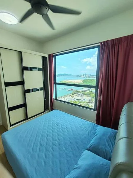 Bedroom features: king-size bed with upholstered headboard, floor-to-ceiling window with city view, curtains in burgundy, built-in wardrobe with sliding doors, ceiling fan, light-colored wall, wooden flooring; style: modern; view: city.