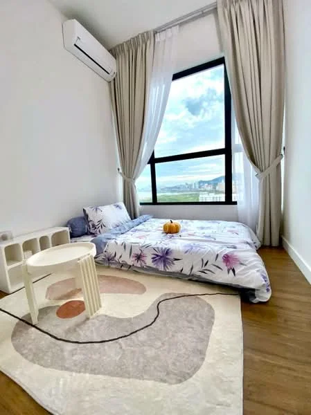 Bedroom features: floor-to-ceiling window, sheer curtains, wooden flooring, decorative area rug with abstract pattern, single bed with floral bedding, small round side table, wall-mounted air conditioning unit, built-in shelving unit; style: modern; view: city.