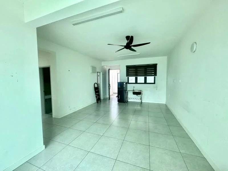Room features: white painted walls, tile flooring, 5-blade ceiling fan, large window with blinds, door leading to outside, open layout, light fixtures on ceiling, corner space for furniture; style: modern.
