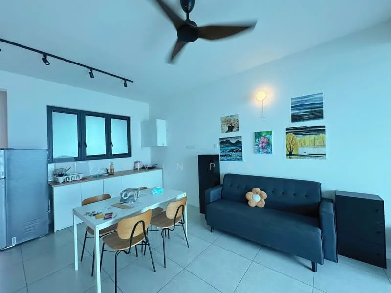 Living features: 3-seater fabric sofa in black, wooden dining table for 4, 4 wooden dining chairs, floor-to-ceiling windows, recessed LED downlights, decorative wall art, light fixture on wall, tile flooring; style: modern. Kitchen features: stainless-steel fridge, white cabinetry, countertop space, sink, kitchen appliances visible; style: modern.