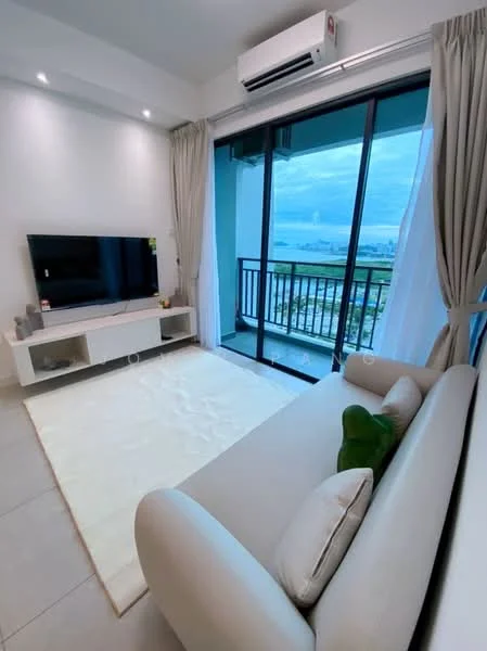 Living features: light grey fabric sofa, white area rug, wall-mounted TV, TV console with storage, floor-to-ceiling windows, sliding glass door, sheer curtains, air conditioning unit, decorative cushions; style: modern; view: city.