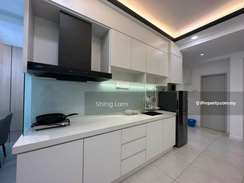 Kitchen features: white cabinetry, black countertop, stainless-steel sink, chrome pull-down faucet, built-in oven, stainless-steel fridge, glass backsplash, induction cooktop, recessed downlights, tile flooring; style: modern.