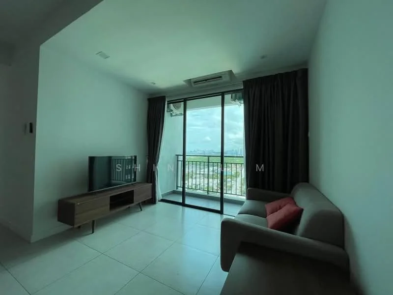 Living features: floor-to-ceiling windows, sliding glass door, grey fabric sofa, wooden TV console, wall-mounted TV, red accent cushion, white painted walls, tile flooring, recessed downlights, blackout curtains, air conditioning unit; style: modern; view: city.