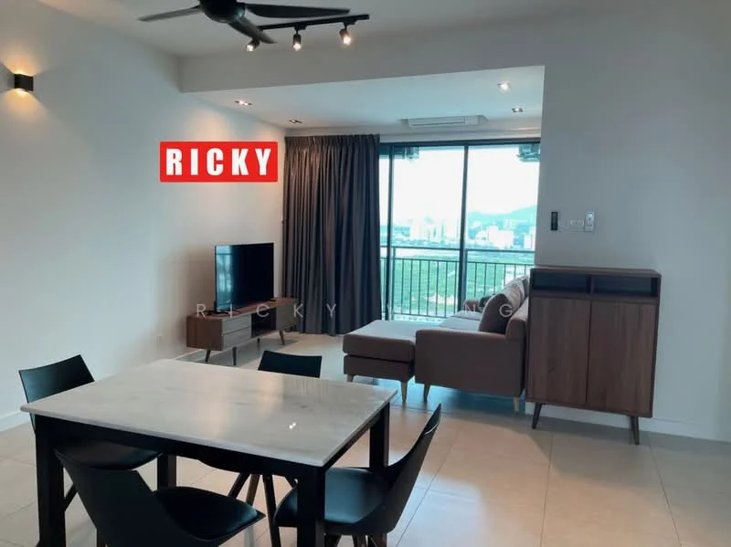 Living features: 3-seater fabric sofa in beige, coffee table with marble top, TV console, wall-mounted TV, floor-to-ceiling windows, curtains, ceiling fan with light, recessed downlights, tile flooring, decorative wall, open layout, view of city skyline; style: modern; view: city. Dining features: 6-seater dining table, black dining chairs, minimalist design; style: modern.