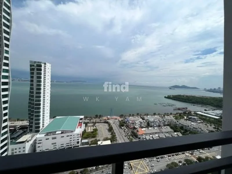 Exterior type: high-rise condominium; features: glass curtain wall, surrounded by water, city skyline in background, view of the sea, nearby marina, urban landscape, adjacent to main road; style: modern.