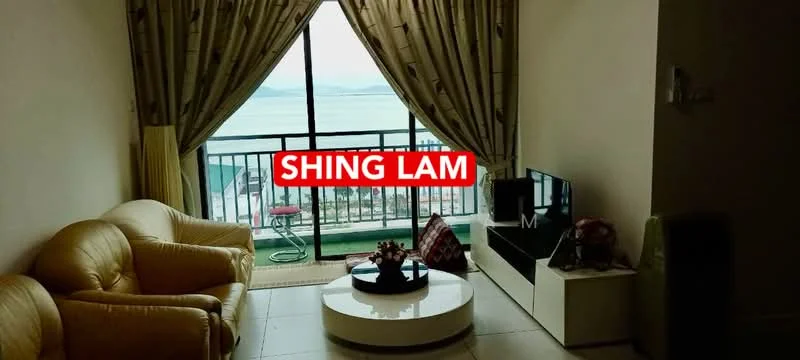 Living features: beige leather 3-seater sofa, round coffee table, TV console, wall-mounted TV, floor-to-ceiling windows, curtains, tile flooring, decorative cushions; style: modern; view: sea.