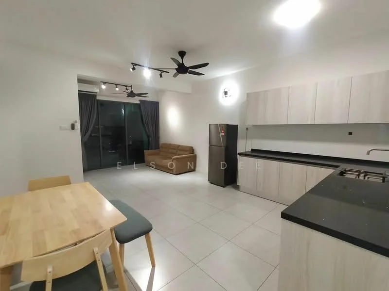 Living features: grey tiled flooring, white painted walls, 5-blade ceiling fan with light, sofa in brown, dining table with 4 chairs, black countertop, stainless-steel fridge, kitchen cabinetry in light wood, sliding glass door, curtains in grey; style: modern; view: city.