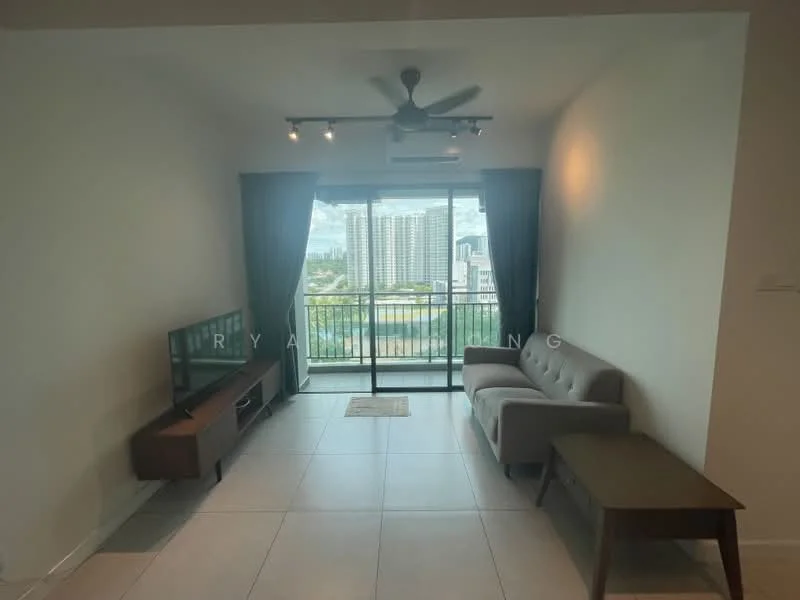 Living features: 3-seater fabric sofa in light grey, wooden coffee table, TV console, floor-to-ceiling sliding glass door, curtains in dark fabric, ceiling fan with light, tile flooring, neutral painted walls; style: modern; view: city.