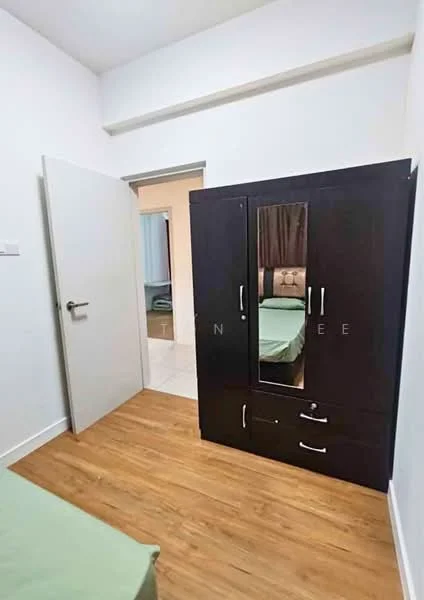 Bedroom features: light wood laminate flooring, white painted walls, built-in wardrobe with mirror, single bed with green bedding, curtains, door leading to another room, ceiling light fixture; style: modern.