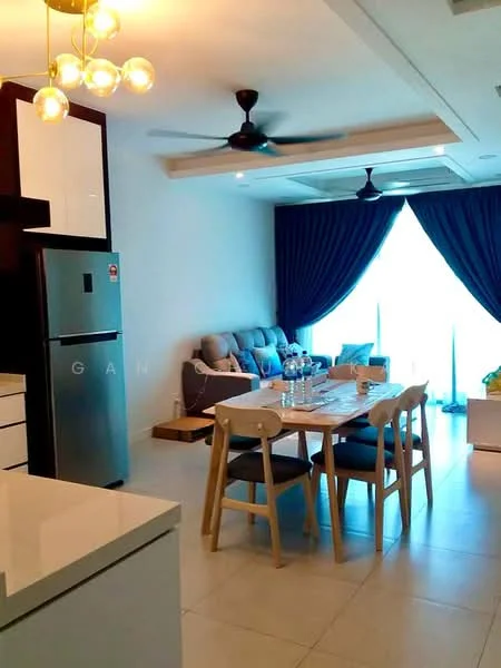 Living features: 3-seater fabric sofa in light grey, dining table for 6 with wooden legs, white ceramic floor tiles, ceiling with recessed downlights, 5-blade ceiling fan with light, floor-to-ceiling windows with sheer curtains, decorative wall with crown moulding, glass vase on dining table, greenery in a pot, wall-mounted TV, area rug with geometric pattern; style: modern; view: garden. Kitchen features: white cabinetry, stainless-steel fridge, white quartz countertop, built-in oven, ceramic cooktop, sink with chrome faucet; style: modern.