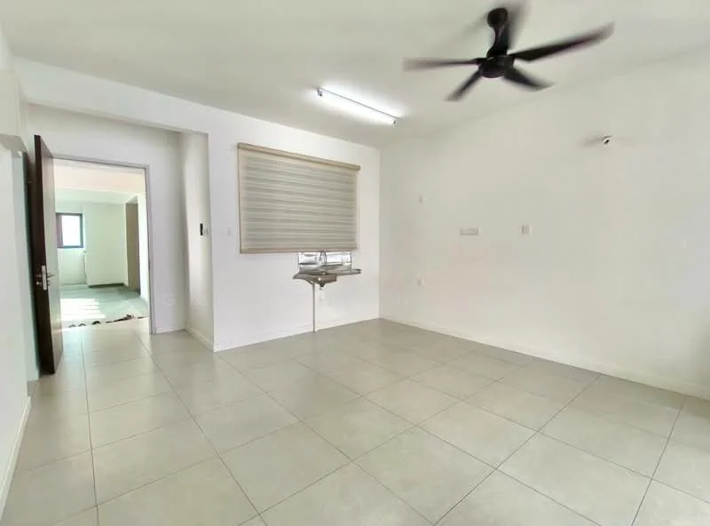 Room features: white painted walls, tile flooring, ceiling fan, window with roller blinds, light fixture on ceiling, open layout, neutral color scheme, no visible furniture; style: modern.