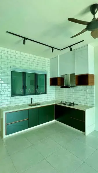 Kitchen features: white subway tile backsplash, green cabinetry with wood accents, stainless-steel range hood, built-in gas hob, single-bowl stainless-steel sink, chrome pull-down faucet, recessed downlights, ceiling fan, grey tile flooring, window with black frame; style: modern.