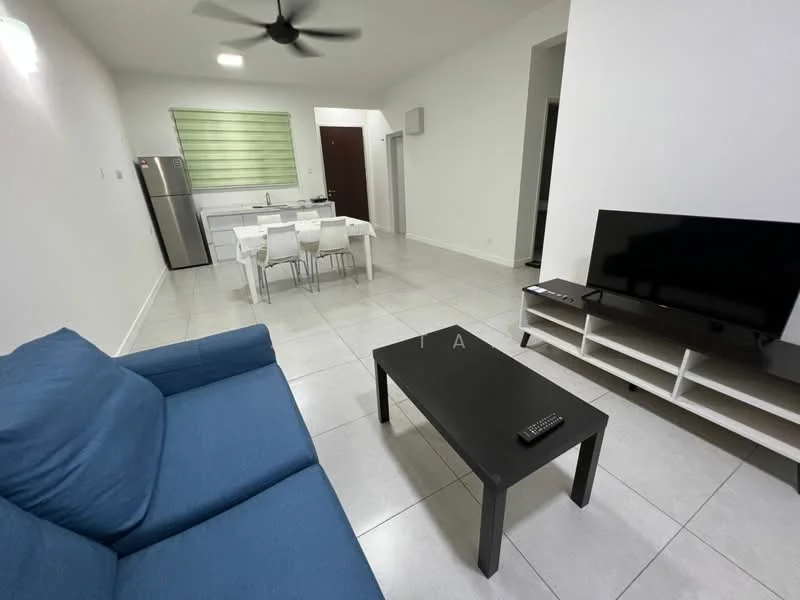Living features: blue fabric sofa, coffee table, wall-mounted TV, TV console, ceiling fan, tile flooring, white painted walls, large window with green blinds; style: modern. Dining features: 4-seater dining table, white dining chairs, open layout to kitchen, tile flooring, white painted walls; style: modern. Kitchen features: stainless-steel fridge, white cabinetry, countertop, tile flooring, open layout to living area; style: modern.