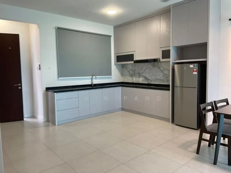 Kitchen features: grey cabinetry, black countertop, marble backsplash, stainless-steel fridge, single-bowl stainless-steel sink, chrome pull-down faucet, built-in oven, ceramic tile flooring, recessed downlights, window with roller blinds, dining table with chairs; style: modern.