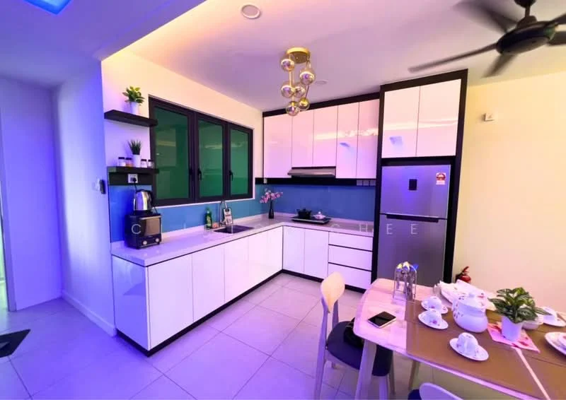 Kitchen features: white cabinetry with flat-panel design, blue backsplash, stainless-steel fridge, built-in oven, 4-burner gas hob, single-bowl stainless-steel sink, chrome pull-down faucet, pendant light fixture, recessed LED downlights, ceiling fan, dining table with white chairs, decorative plants on shelves, table set with cups and plates; style: modern.