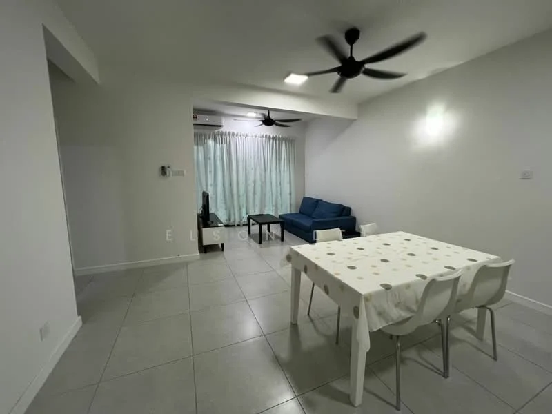 Living features: grey sofa, white dining table, four white chairs, ceiling fan with light, wall-mounted air conditioning unit, light grey tiled flooring, sheer curtains, white painted walls; style: modern.