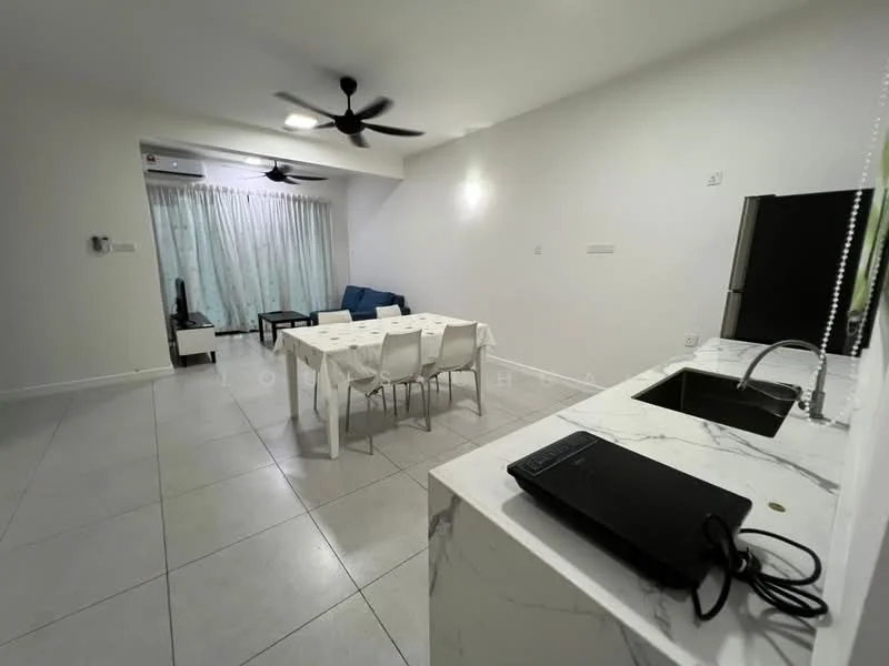 Living features: white painted walls, marble tile flooring, 5-blade ceiling fan, sofa in blue fabric, dining table with 6 white chairs, refrigerator in stainless steel, kitchen island with marble countertop, sink with single-bowl stainless-steel sink, window with sheer curtains; style: modern.