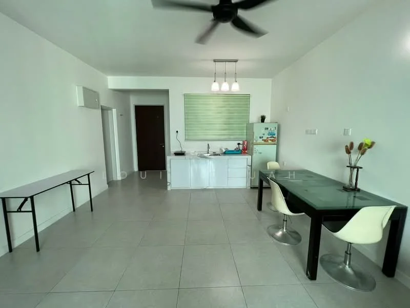 Kitchen features: white painted walls, grey floor tiles, ceiling fan with light, kitchen island, single-bowl stainless-steel sink, chrome pull-down faucet, white cabinetry, refrigerator, window with blinds, dining table with glass top, 4 white dining chairs, folding table; style: modern.