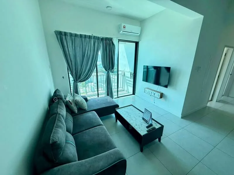 Living features: grey fabric sectional sofa, coffee table, wall-mounted TV, floor-to-ceiling windows, sheer curtains, air conditioning unit, white painted walls, tile flooring; style: modern; view: city.