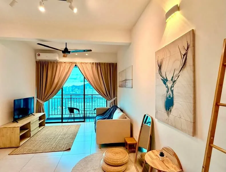 Living features: floor-to-ceiling windows, sliding glass door, curtains, 3-blade ceiling fan, wall-mounted TV, wooden TV console, beige fabric sofa, area rug, decorative wall art with deer, wooden ladder, round coffee table, woven pouf; style: modern; view: city.