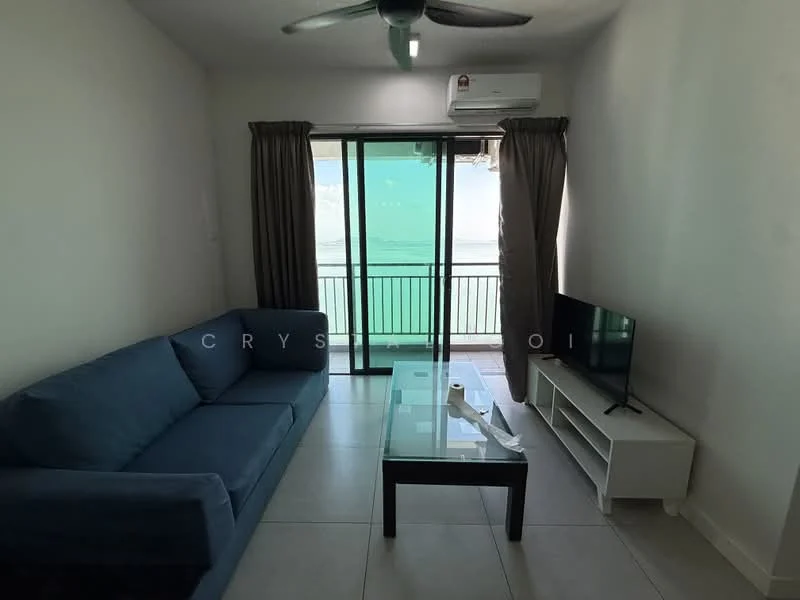 Living features: 3-seater fabric sofa in blue, glass coffee table, TV console, wall-mounted TV, floor-to-ceiling sliding glass door, curtains, 1 wall-mounted split AC, tile flooring, ceiling fan with light, decorative wall, view of the sea; style: modern; view: sea.