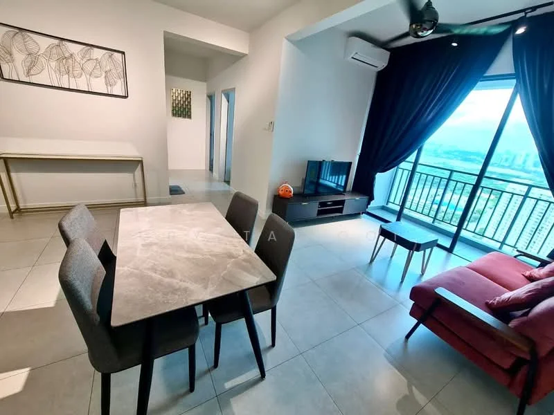 Living features: floor-to-ceiling windows, blackout curtains, sofa in red, TV console, wall-mounted TV, coffee table, area rug, split air conditioning unit, light-colored walls, tile flooring; style: modern; view: city. Dining features: 6-seater dining table with marble top, grey upholstered dining chairs, light-colored walls, tile flooring; style: modern.