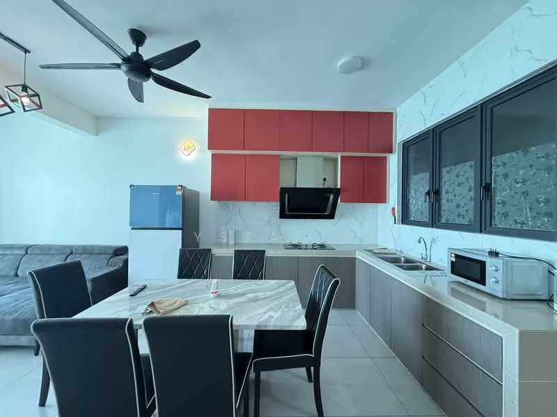 Kitchen features: grey fabric sofa, 6-seater dining table with marble top, black upholstered dining chairs, stainless-steel fridge, built-in oven, freestanding range oven, microwave, kitchen cabinets with wood finish, red upper cabinets, white marble backsplash, single-bowl stainless-steel sink, chrome pull-down faucet, recessed downlights, 5-blade ceiling fan, tile flooring; style: modern.