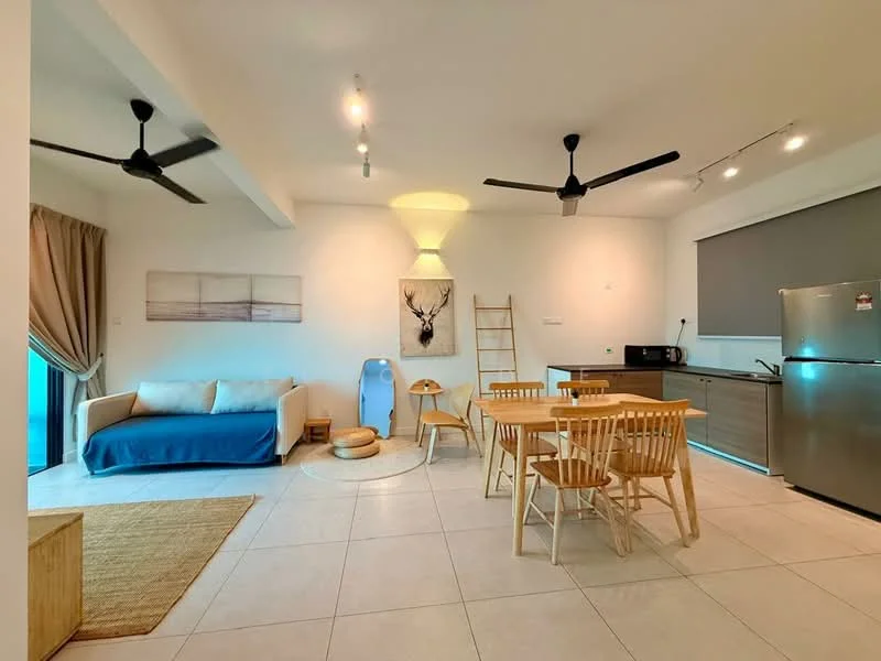Living features: white painted walls, tile flooring, 5-blade ceiling fan, 5-blade ceiling fan, sofa with blue cover, wooden dining table with 4 chairs, kitchenette with grey cabinetry, stainless-steel fridge, microwave, decorative ladder, area rug, wall-mounted artwork, window with sheer curtains; style: modern; view: city.