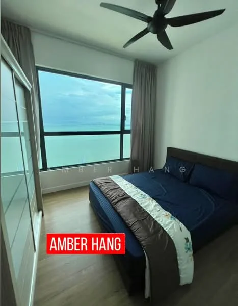 Bedroom features: king-size bed with blue bedding, upholstered headboard, floor-to-ceiling windows, curtains, wooden flooring, ceiling fan, decorative wall, nightstand, built-in wardrobe; style: modern; view: sea.