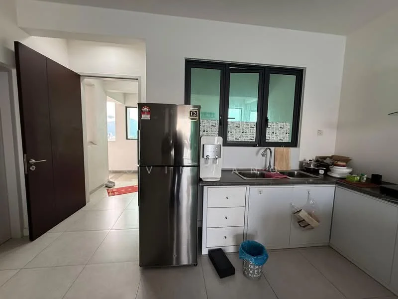 Kitchen features: stainless-steel fridge, single-bowl stainless-steel sink, chrome pull-down faucet, grey cabinetry, white countertop, tile backsplash, ceramic tile flooring, window with black frames, kitchen utensils on countertop, waste bin, open layout to living area; style: modern.