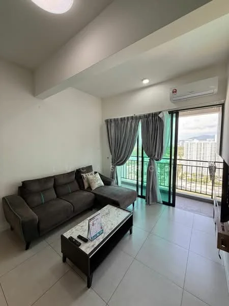 Living features: grey fabric L-shape sectional sofa, marble coffee table, floor-to-ceiling sliding glass door, sheer curtains, blackout curtains, wall-mounted TV, air conditioning unit, tile flooring, recessed ceiling lights, decorative cushions; style: modern; view: city.