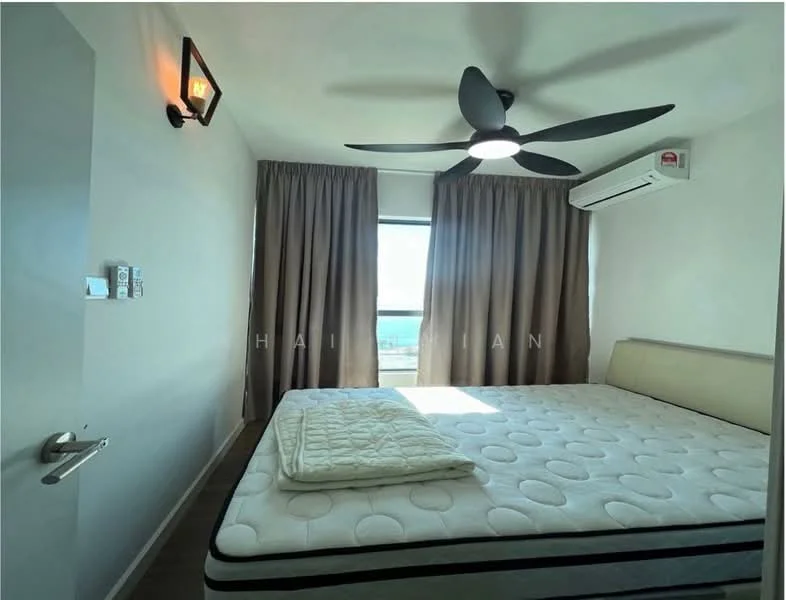 Bedroom features: queen-size bed, 5-blade ceiling fan with light, floor-to-ceiling window, brown curtains, wall-mounted air conditioning unit, light-colored walls, wooden flooring, decorative wall sconce; style: modern; view: sea.