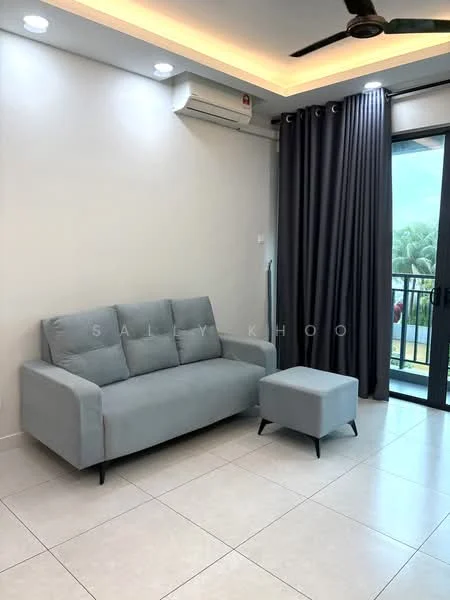 Living features: grey fabric 3-seater sofa, grey ottoman, white painted walls, recessed ceiling lights, ceiling fan, floor-to-ceiling windows, blackout curtains, light-colored tile flooring, balcony access; style: modern; view: garden.