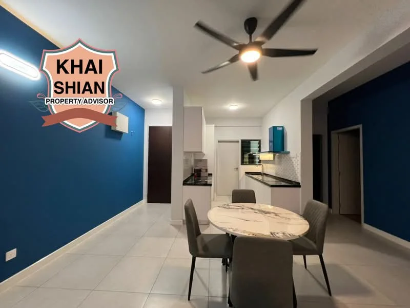 Dining features: round dining table with marble top, 4 upholstered dining chairs, blue accent wall, white walls, recessed downlights, ceiling fan, tile flooring, kitchen area visible in background, air conditioning unit on wall; style: modern.