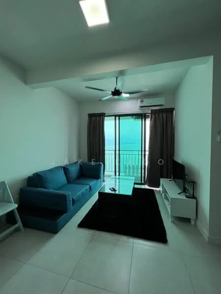 Living features: 3-seater fabric sofa in blue, glass coffee table, black area rug, floor-to-ceiling windows, sliding glass door, curtains in grey, wall-mounted TV, TV console, ceiling fan; style: modern; view: sea.