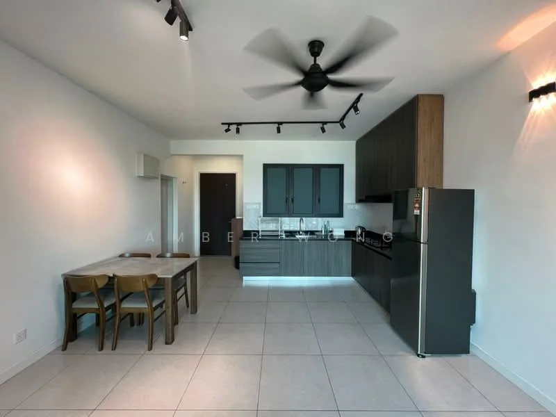Kitchen features: grey cabinetry, white countertop, stainless-steel fridge, built-in oven, 4-burner gas hob, single-bowl stainless-steel sink, chrome pull-down faucet, tile flooring, recessed LED downlights, 5-blade ceiling fan, open-plan layout, dining table with 4 chairs; style: modern.