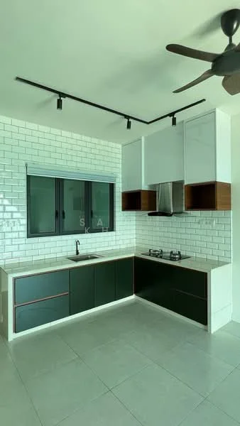 Kitchen features: white subway tile backsplash, green cabinetry with flat-panel design, wooden upper cabinets, stainless-steel range hood, 2-burner gas hob, single-bowl stainless-steel sink, chrome pull-down faucet, grey tile flooring, recessed LED downlights, ceiling fan with 3 blades, window with black frame; style: modern.