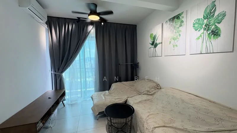 Living features: white painted walls, grey curtains, 5-blade ceiling fan with light, sofa with beige cover, black side table, TV console, floor-to-ceiling windows, tile flooring; style: modern; view: city.