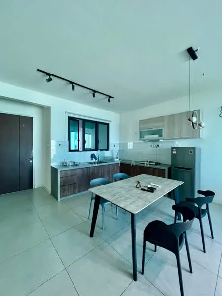 Kitchen features: grey cabinetry, white backsplash, stainless-steel fridge, built-in oven, 4-burner gas hob, single-bowl stainless-steel sink, chrome pull-down faucet, marble dining table, black dining chairs, track lighting, floor-to-ceiling windows, tile flooring; style: modern.