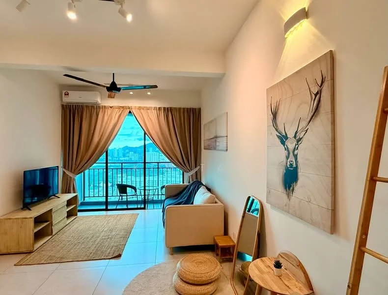 Living features: 3-seater fabric sofa in beige, wooden coffee table, TV console, wall-mounted TV, area rug with natural fibers, floor-to-ceiling windows, curtains in light brown, ceiling fan with light, decorative wall art with deer motif, wooden ladder for decor, mirror, balcony view, light-colored tiled flooring; style: modern; view: city.