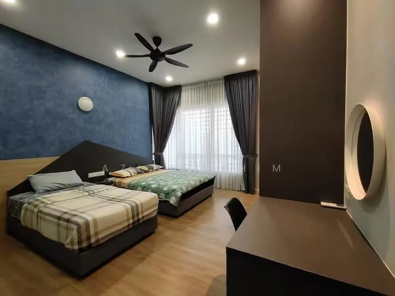 Bedroom features: two beds, plaid bedding on one bed, green patterned bedding on the other bed, wooden flooring, blue accent wall, light grey wall, ceiling fan, floor-to-ceiling windows with sheer curtains, desk with chair, round mirror on wall; style: modern.