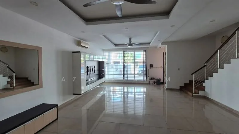 Living features: white painted walls, polished marble flooring, tray ceiling with recessed lighting, 2 ceiling fans, large windows with sheer curtains, wall-mounted TV, entertainment unit, open layout, staircase leading to upper floor, mirror on wall, natural light from windows, space for furniture arrangement; style: modern; view: garden.